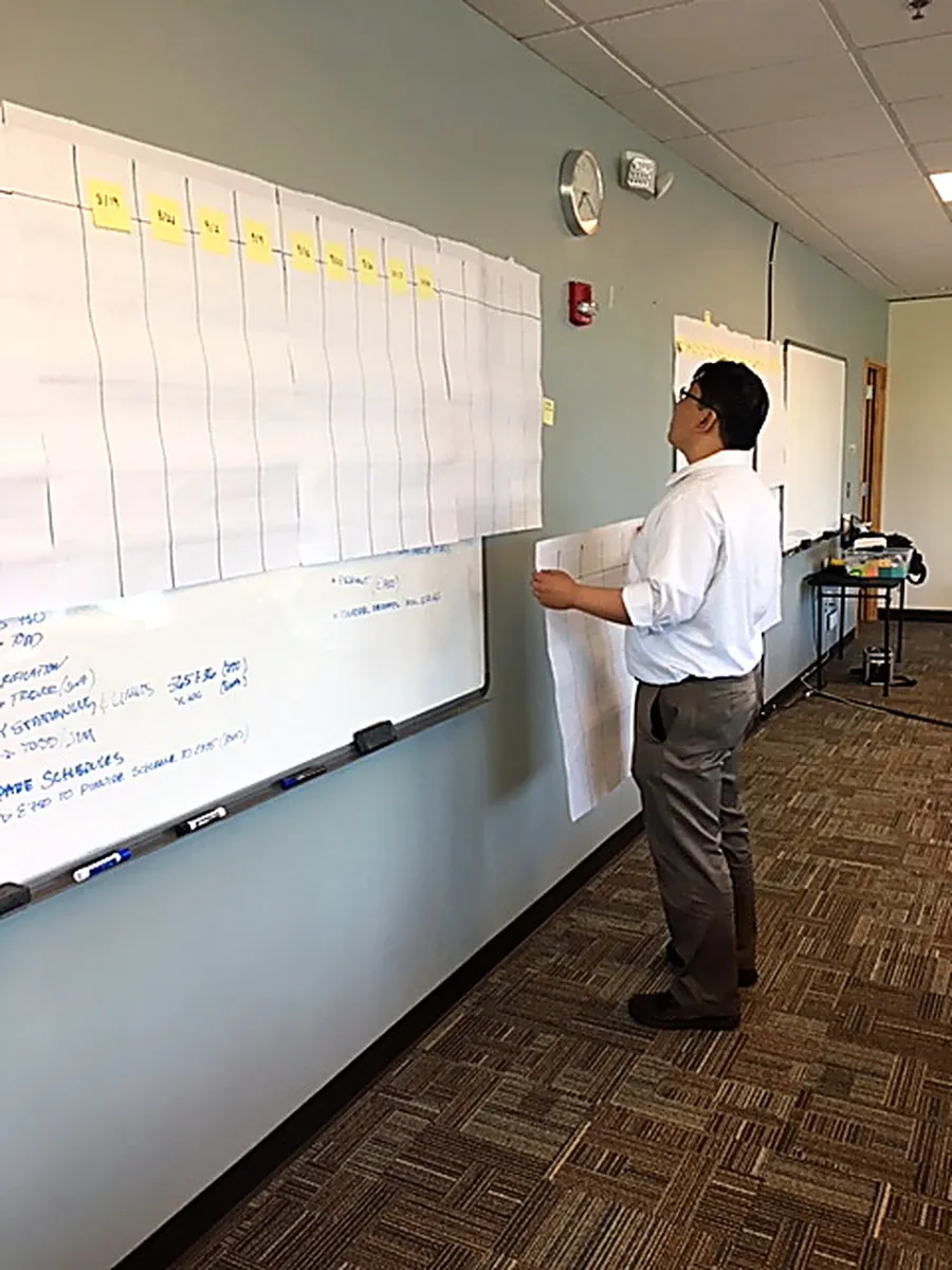 Facilitator writing on a wall of planning notes during a session