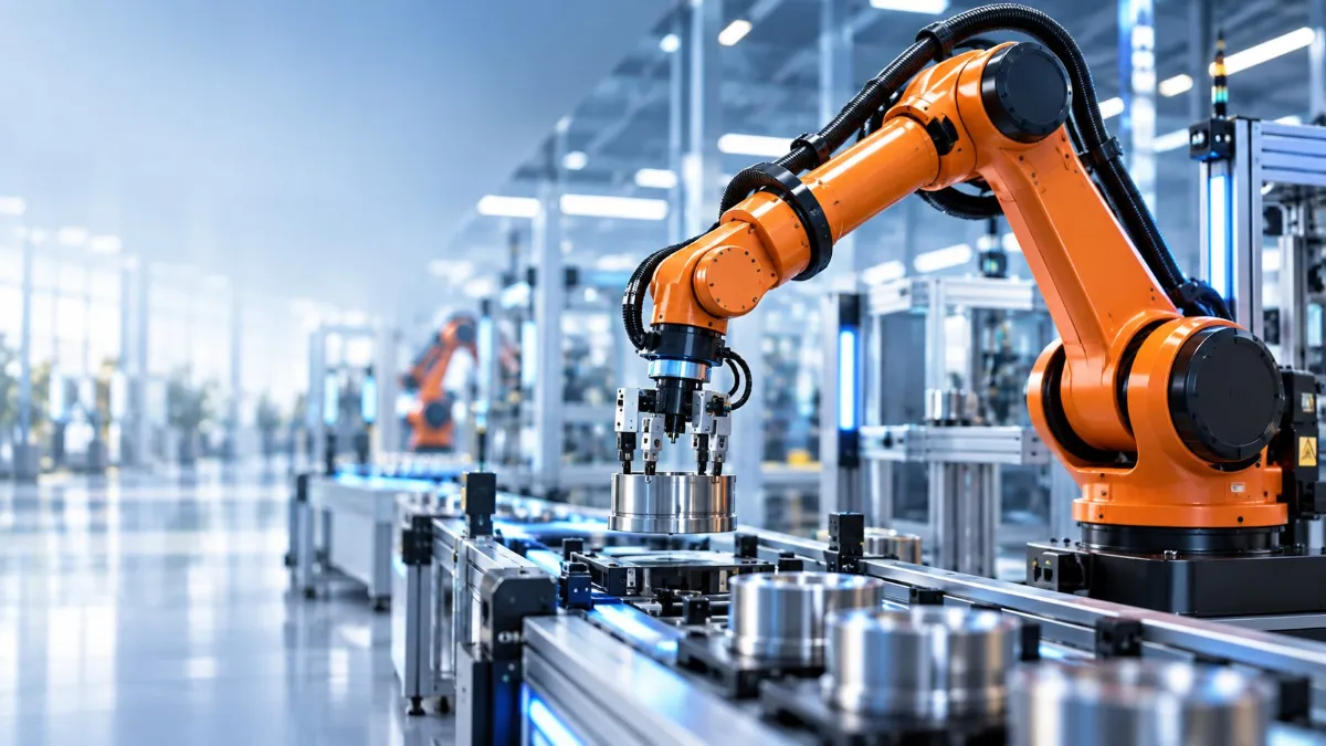 Orange robotic arm working on an automated production line