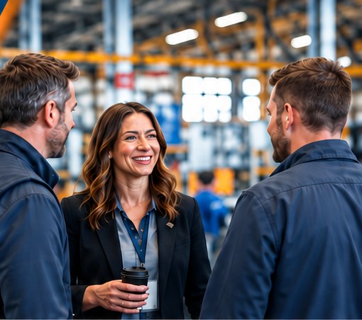 Manufacturing leaders talking and laughing together on a plant floor